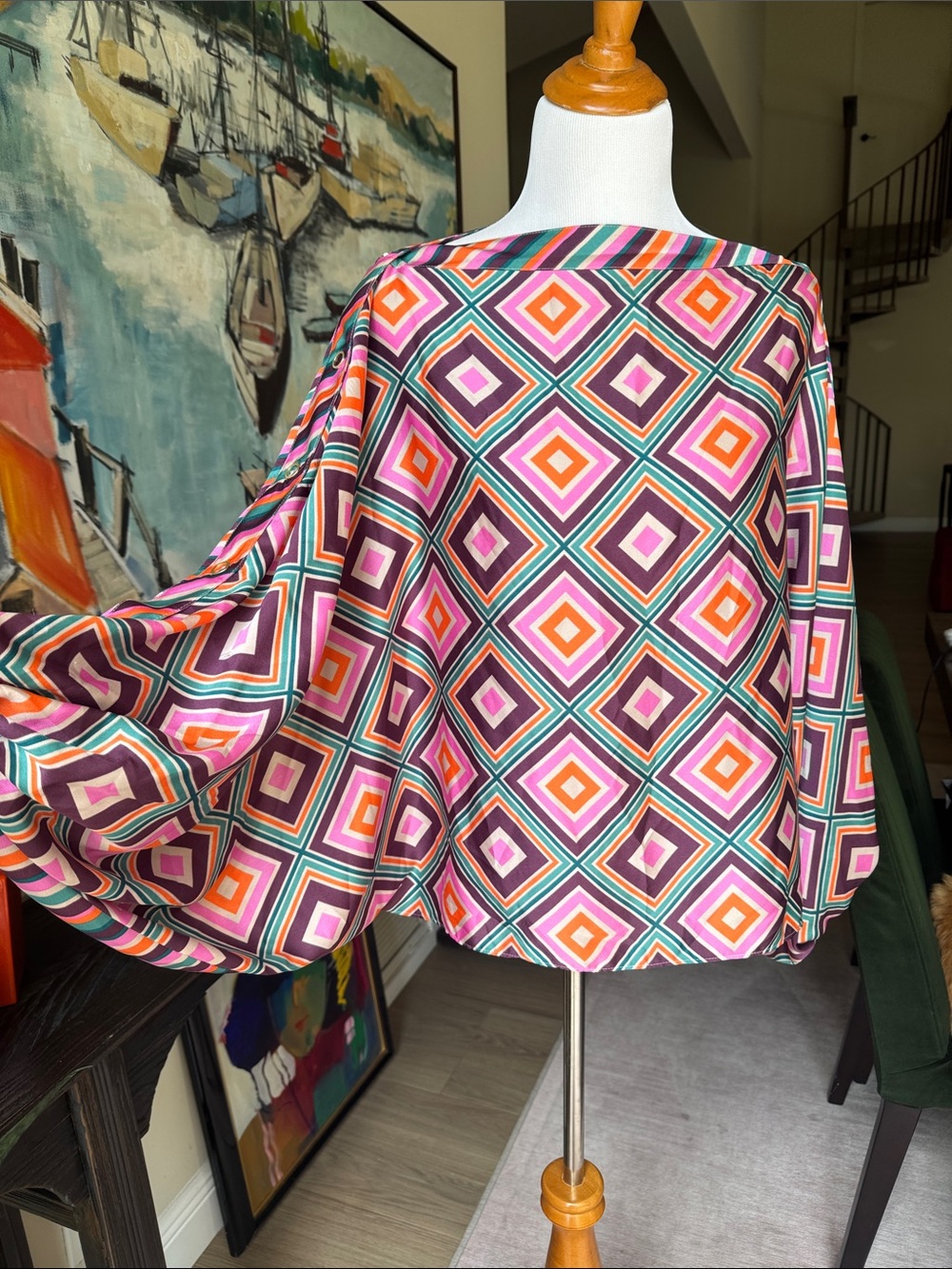 Trina Turk Geometric Diamond Print Blouse in Pink Multi